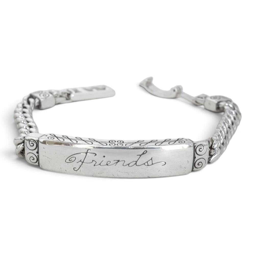 Brighton Friends Engraved ID Bracelet Curb Chain Fold Over Clasp Silver 8"